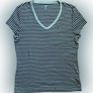 TOMMY HILFIGER Ladies large navy blue & green striped shirt